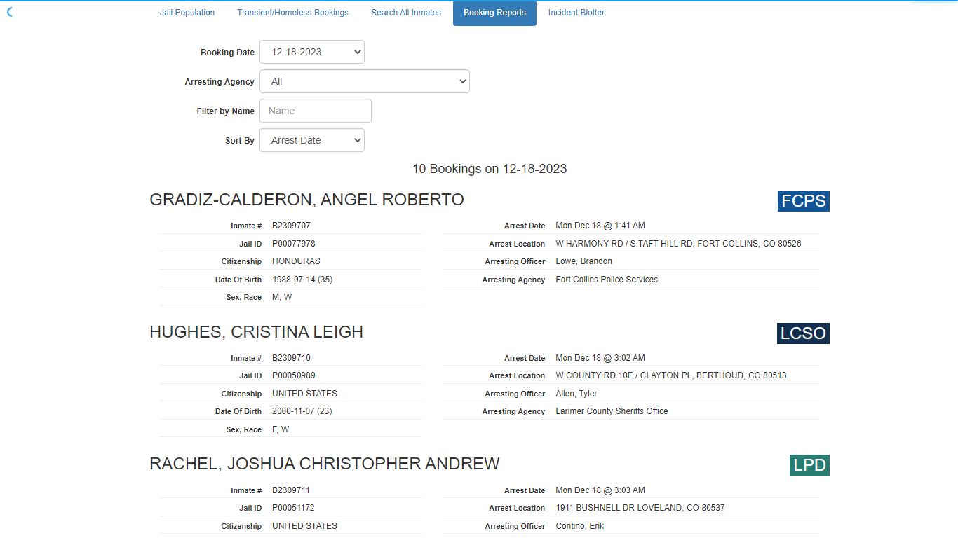 Booking Report - Larimer County Sheriff